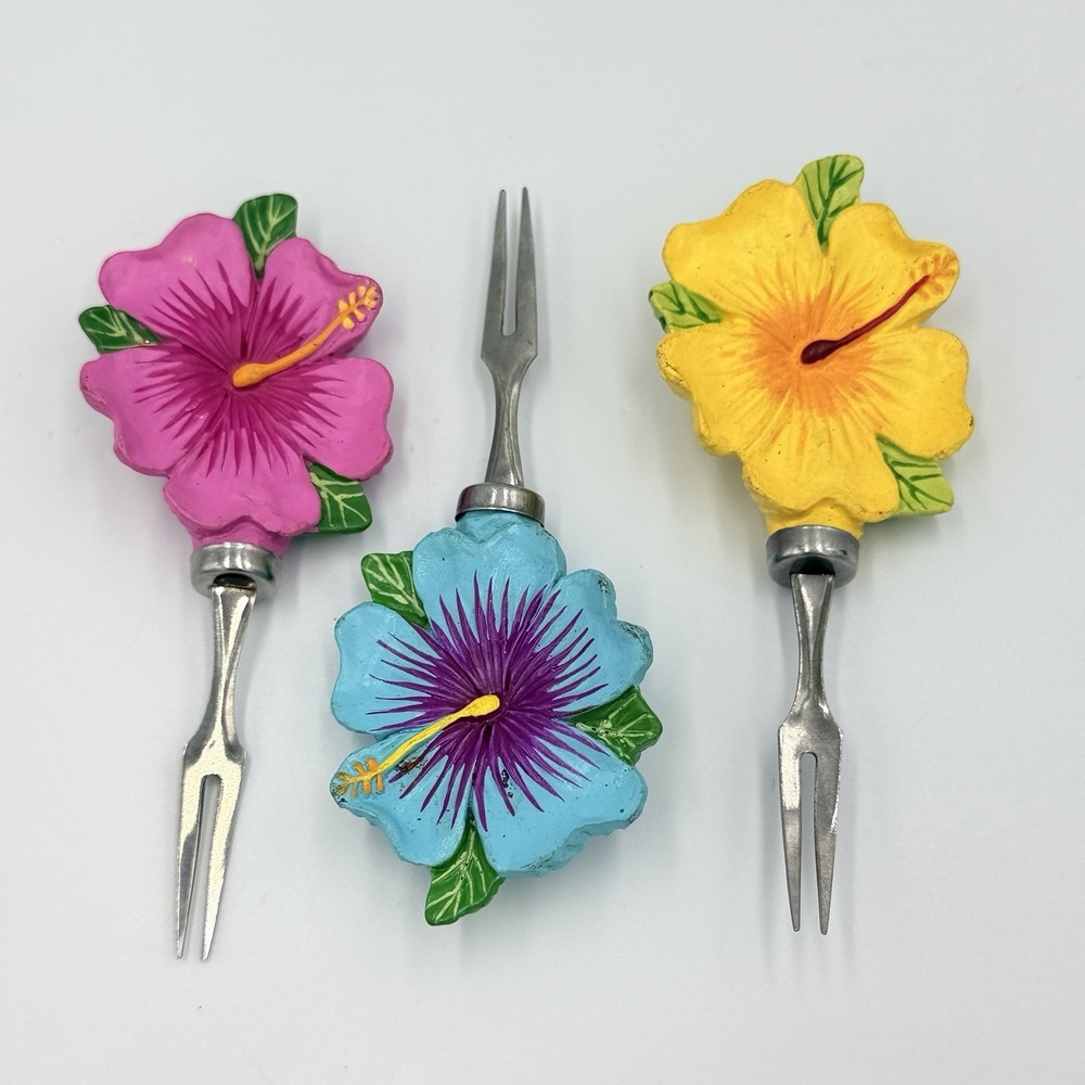 VTG Hibiscus Cocktail Picks Tiki Charcuterie Appetizer Forks Luau Decor Tropical